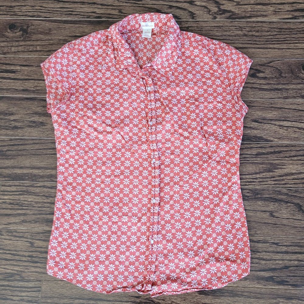 Weathervane Red Retro 100% Cotton Floral Button Front Blouse Shirt Cap Sleeve
